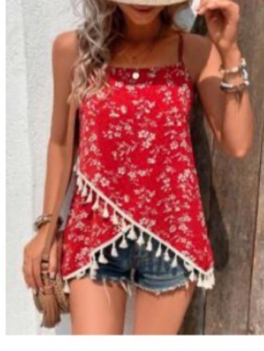 3/$12 if bundled Red Floral Tassel-Trim Tank Top